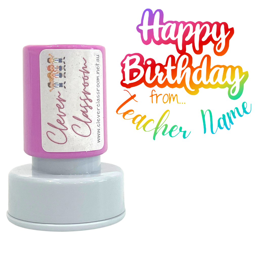 RAINBOW Happy Birthday!  Personalised Teacher Stamp Self-inking 30mm round