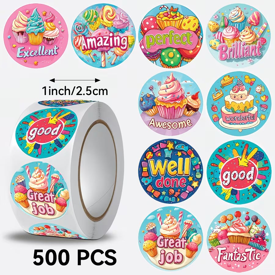 NEW! Sweet Treats Fantastic! Stickers 500 on a roll -  Colourful Teacher Merit Stickers