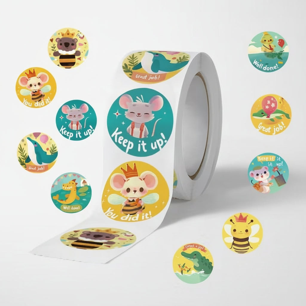 NEW! Sweet Animals Award 500 on a roll - Colourful Teacher Merit Stickers