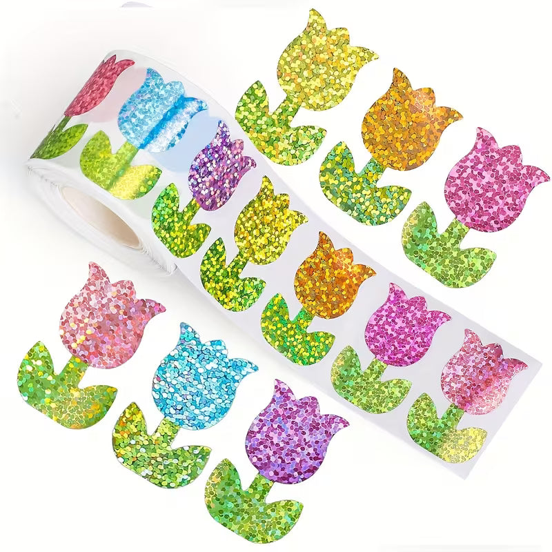 * NEW Tulips Holographic Stickers 500 on a roll - Colourful Teacher Merit Stickers