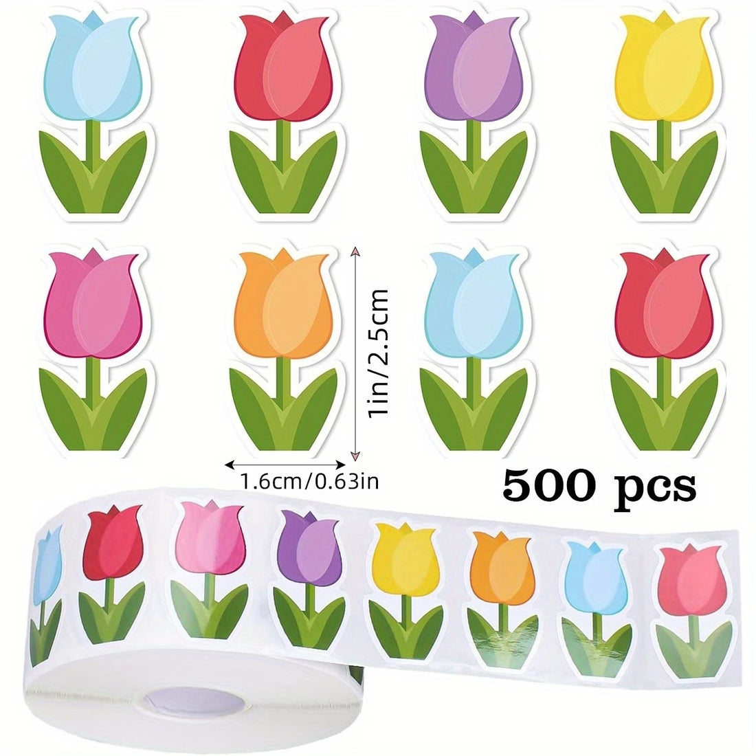 * NEW Tulips Cute Stickers 500 on a roll - Colourful Teacher Merit Stickers