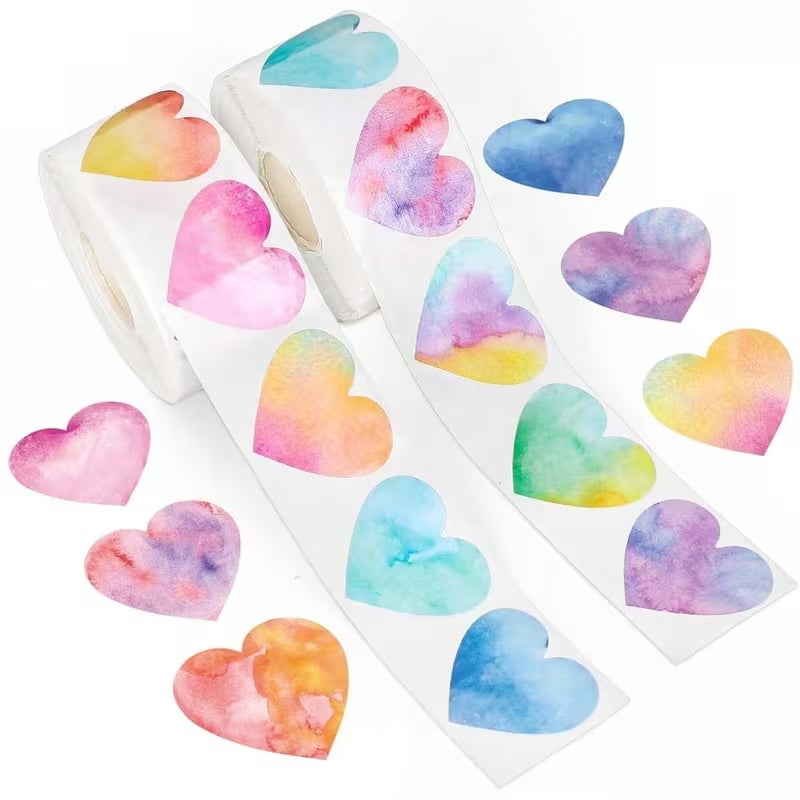 *HEARTS Watercolour Stickers 500 on a roll - Colourful Teacher Merit Stickers