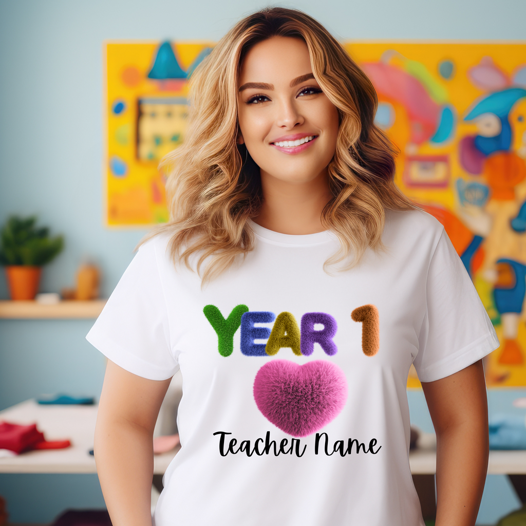 Personalised Year 1 Fuzzy Heart Teacher T-shirt