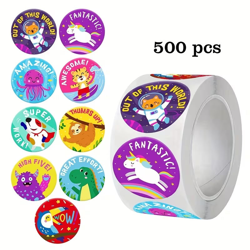 NEW! Out of this World Cute Animals Award Stickers 500 on a roll - Colourful Teacher Merit Stickers
