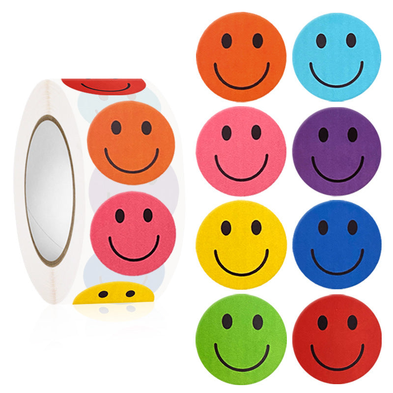NEW Colourful Smiley Face  Stickers 500 on a roll - Colourful Teacher Merit Stickers