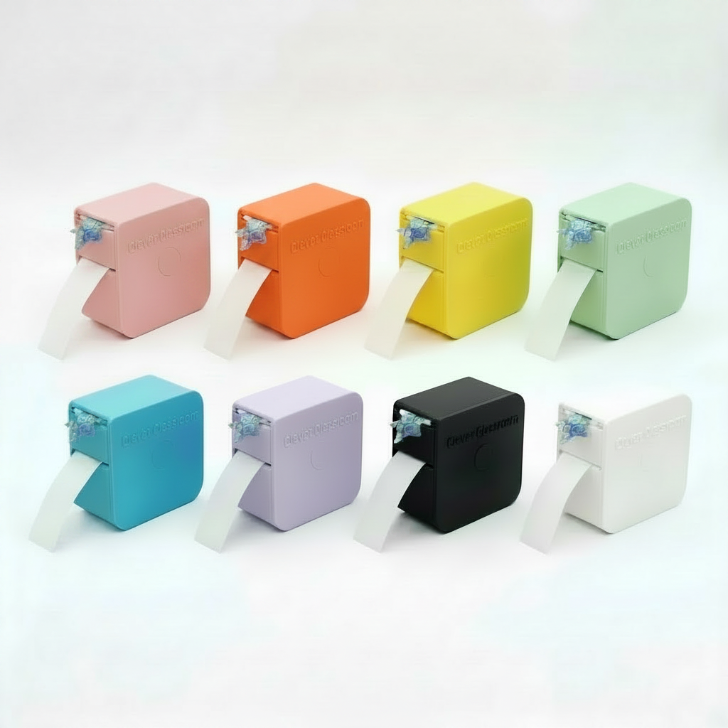 Colourful sticker dispensers on a white background