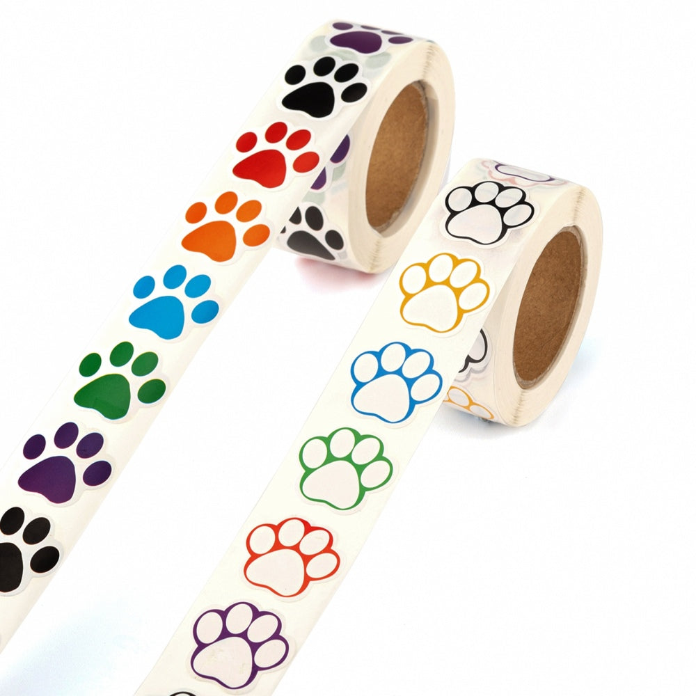 2 Pack Paw Prints Stickers 500 on a roll - Colourful Teacher Merit Stickers