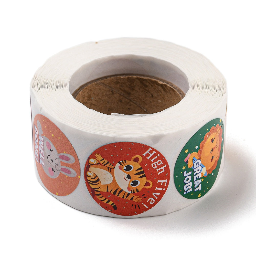 Cute Animals 3 Stickers 500 on a roll - Colourful Teacher Merit Stickers