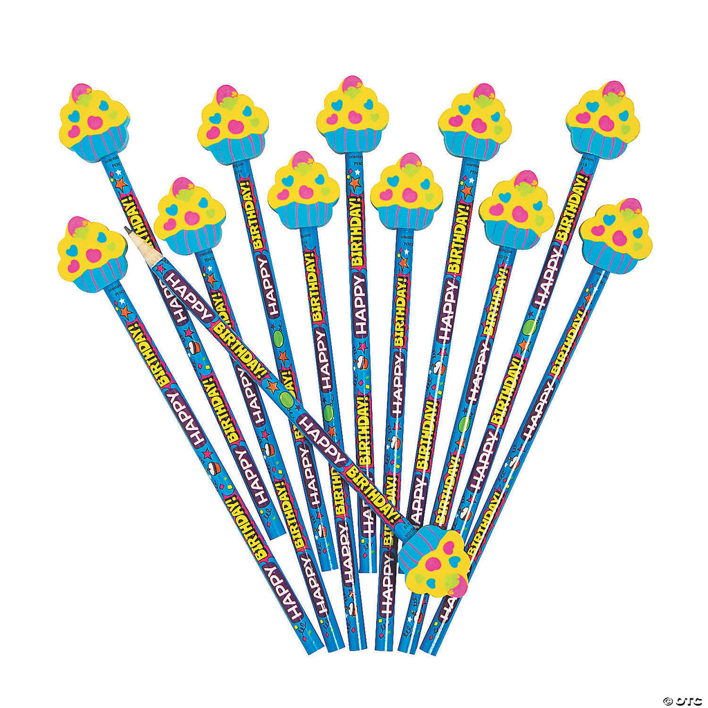 12 Pack Happy Birthday Cupcake Pencils with Eraser Toppers