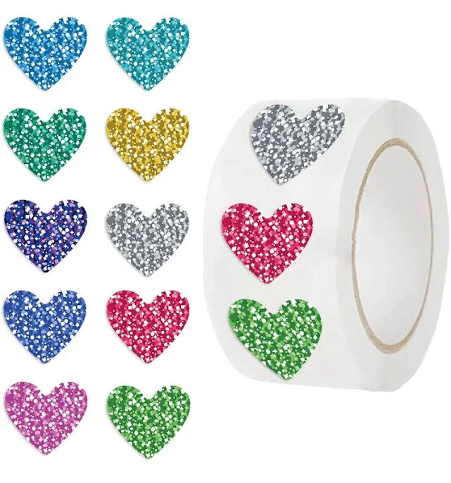 *HEARTS Printed Sparkle Stickers 500 on a roll - Colourful Teacher Merit Stickers