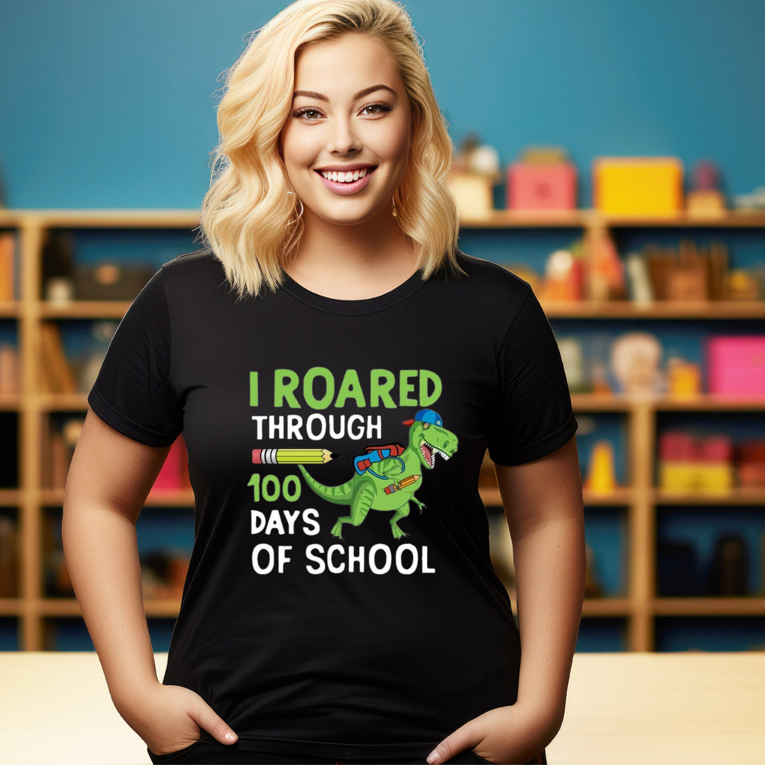 Teacher T-shirt - 100 Days - Dinosaur - Roared