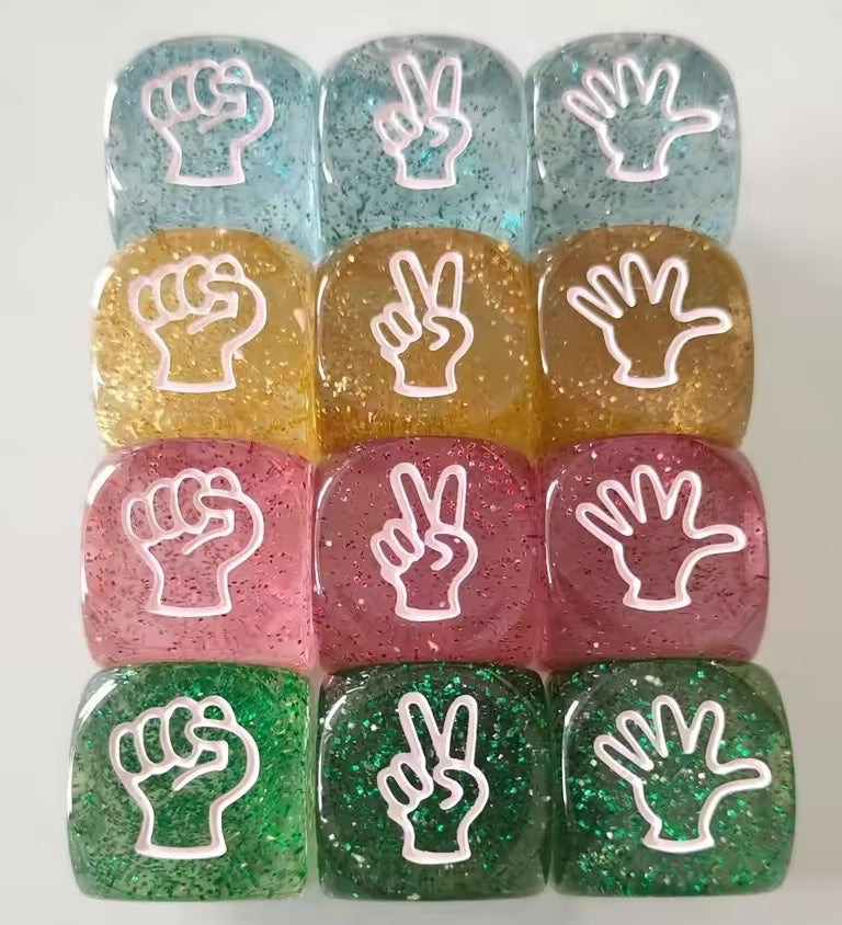 TRANSPARENT Glitter Rock, Paper, Scissors Dice 4 Pack