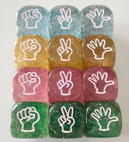TRANSPARENT Glitter Rock, Paper, Scissors Dice 4 Pack