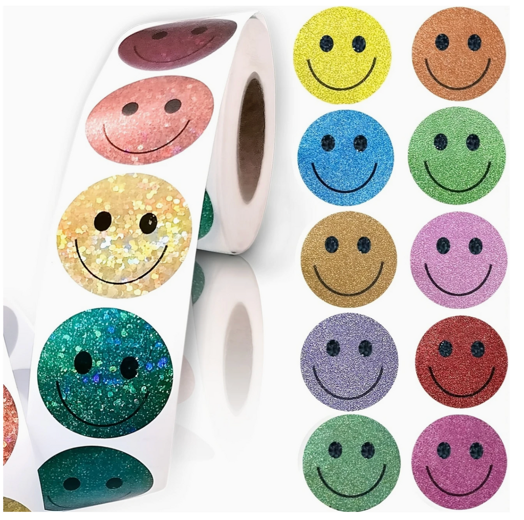 *Smiley Face Holographic Stickers 500 on a roll - Colourful Teacher Merit Stickers