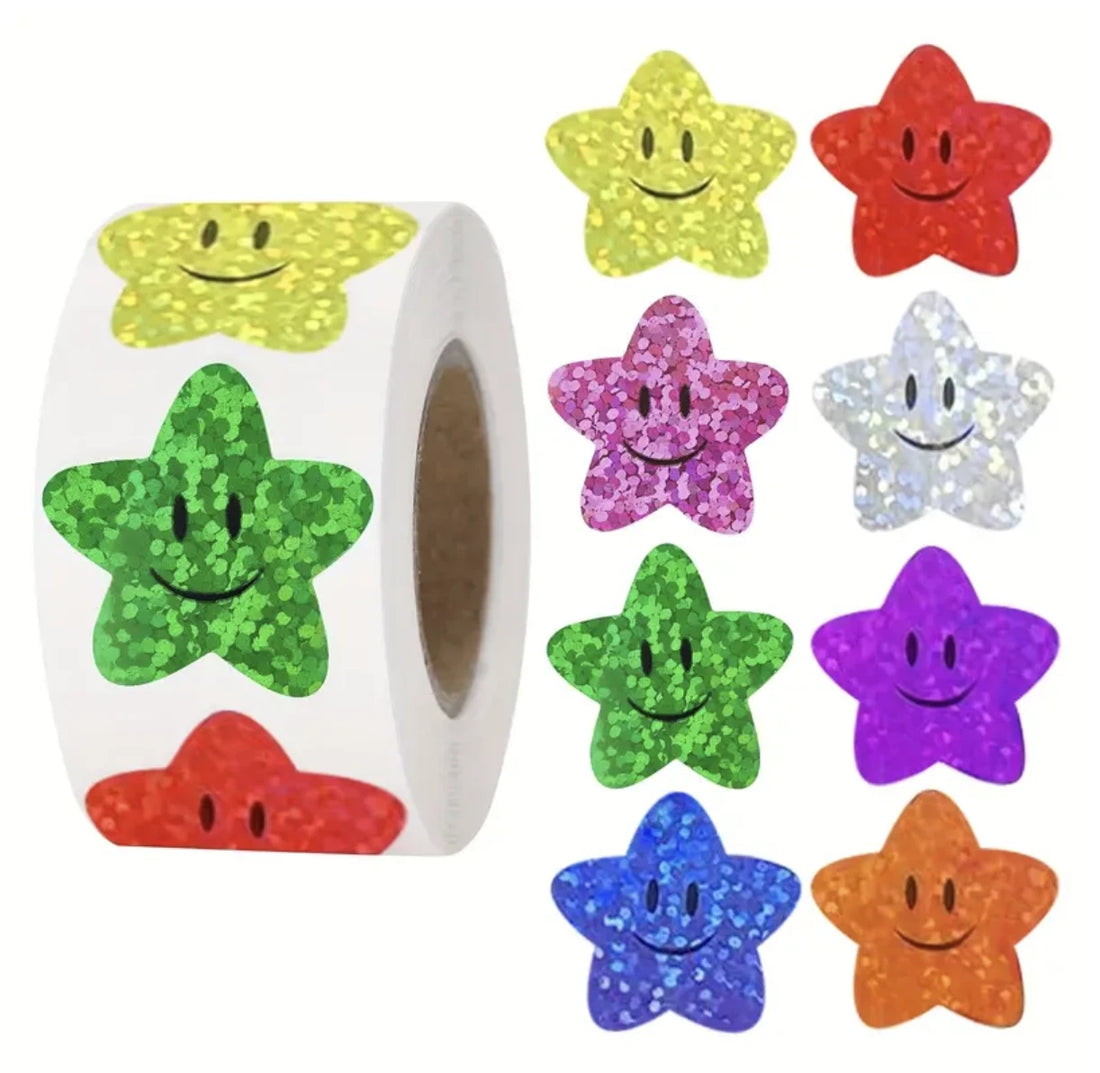 *SMILEY STARS Multicolour Holographic Stickers 500 on a roll - Colourful Teacher Merit Stickers (Copy)