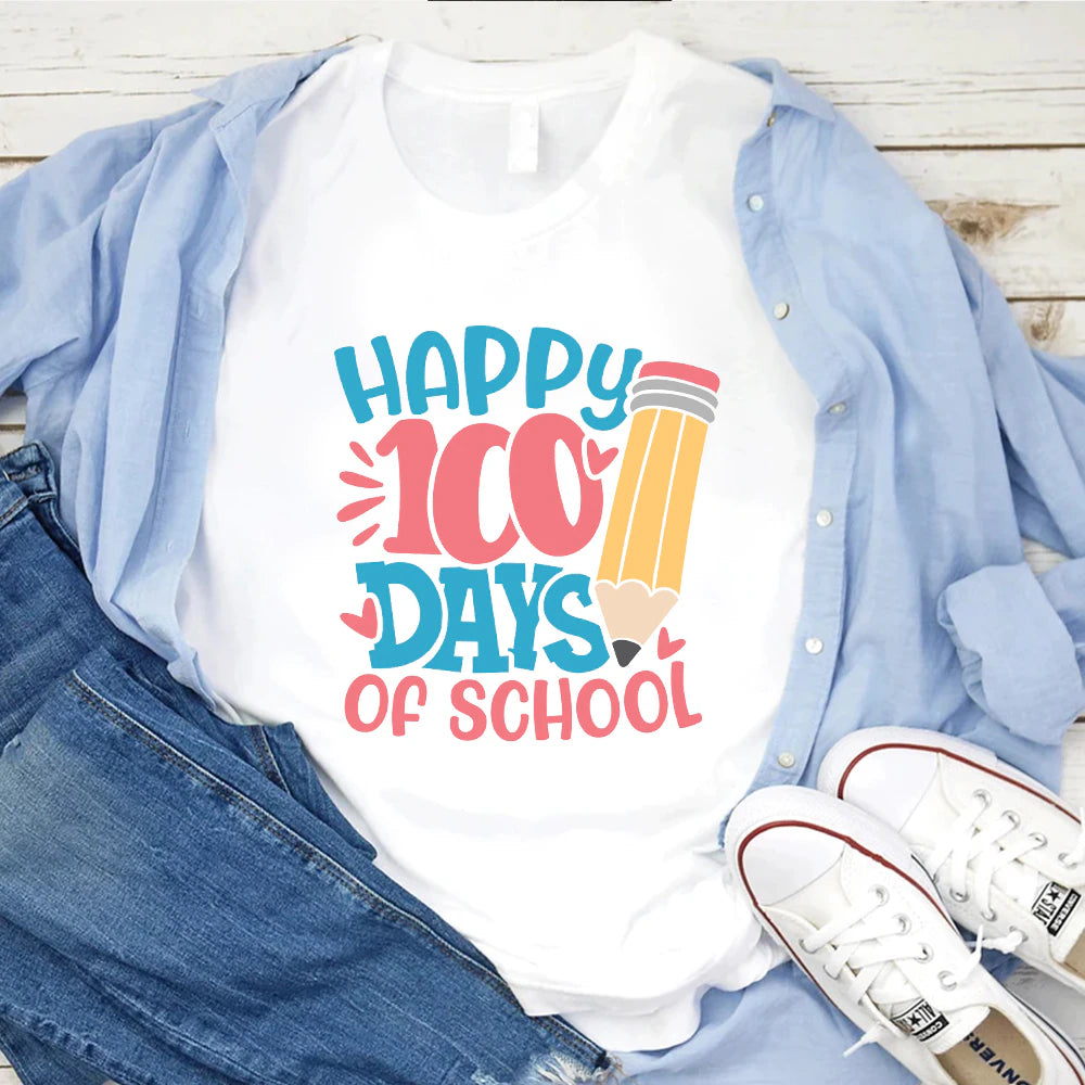 100 Days of School - Happy - Iron on Transfer for T-shirts