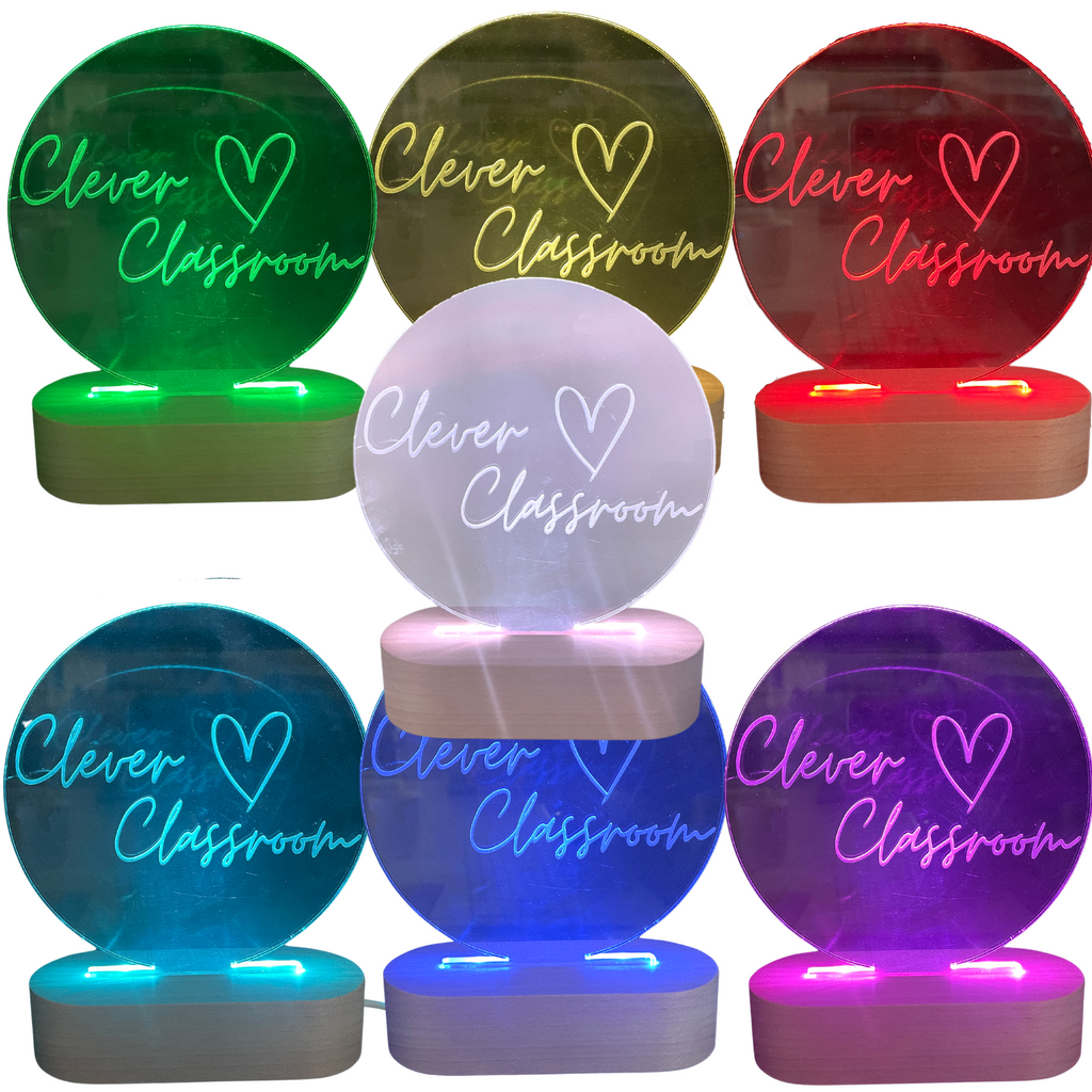 Dark Slate Gray Round LED Acrylic Light with Timber base 7 colours Personalised Teacher Name Gift
