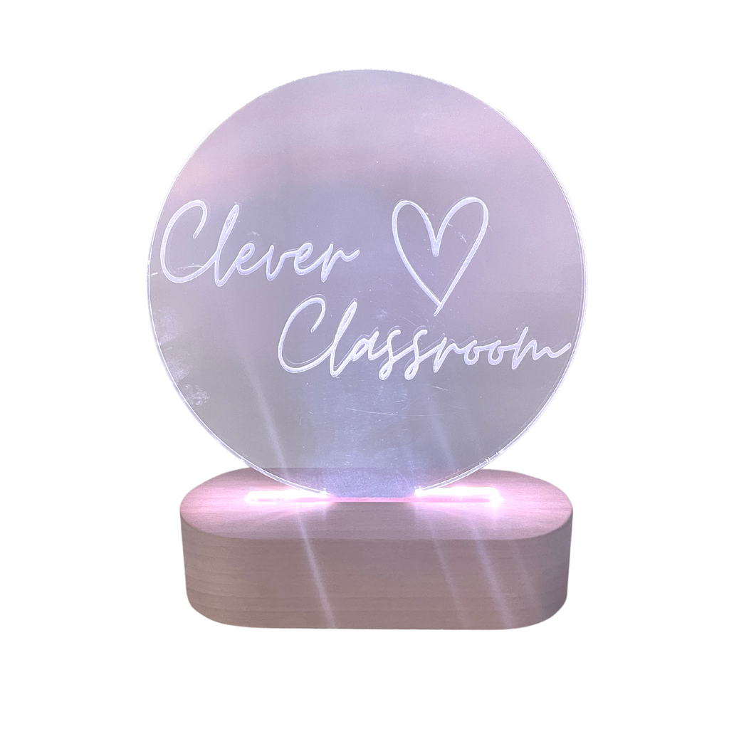 Gray Round LED Acrylic Light with Timber base 7 colours Personalised Teacher Name Gift