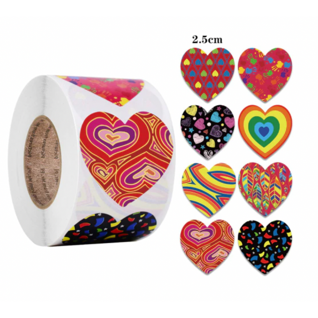 Light Gray *HEARTS Colourful Patterns Stickers 500 on a roll - Colourful Teacher Merit Stickers