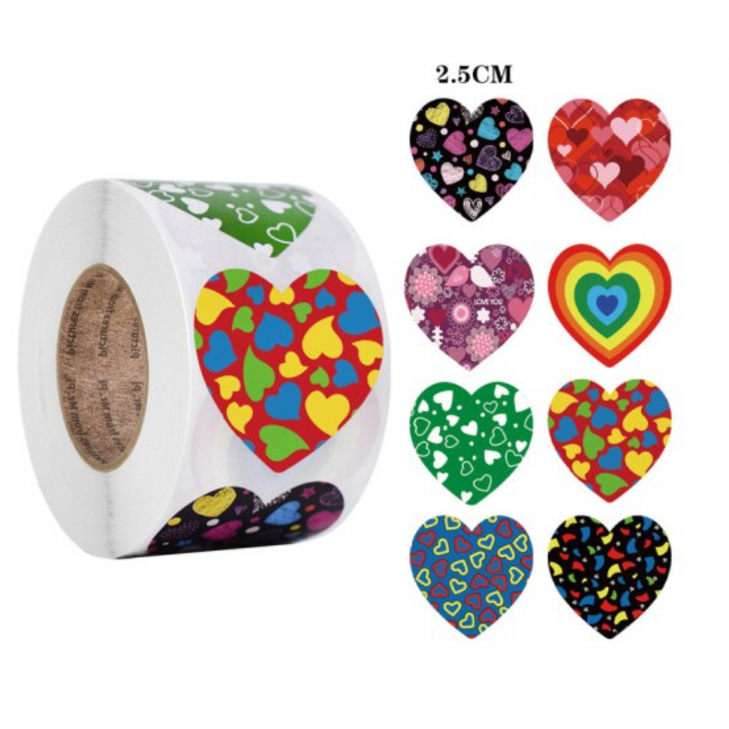 Dark Slate Gray *HEARTS Colourful Patterns Stickers 500 on a roll - Colourful Teacher Merit Stickers