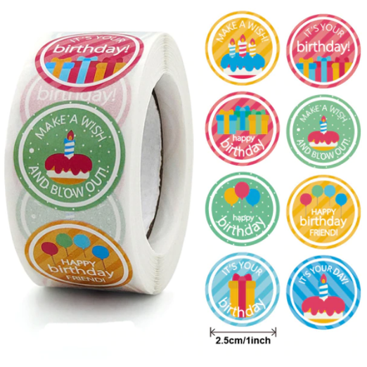 Light Gray Happy Birthday Colourful 500 on a roll -  Colourful Teacher Merit Stickers