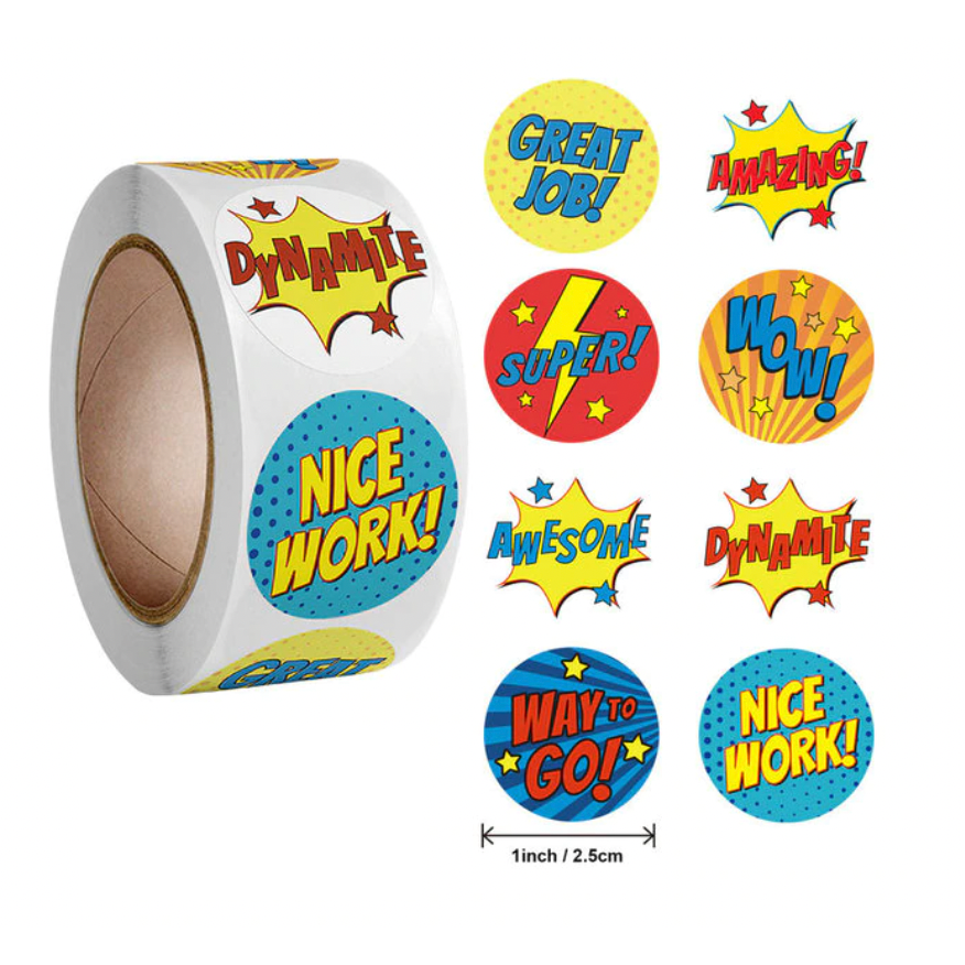 Steel Blue Comic Dynamite Stickers 500 on a roll - Colourful Teacher Merit Stickers