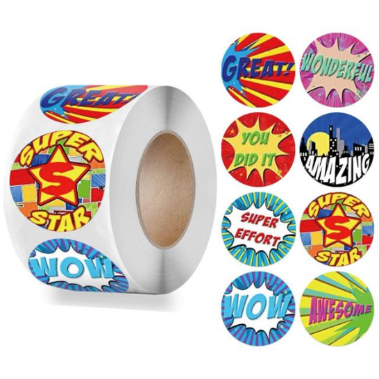 Light Gray Comic Wonderful Stickers 500 on a roll - Colourful Teacher Merit Stickers