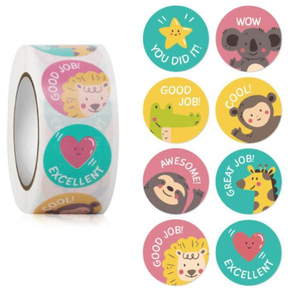 Light Gray Cool Cute Animals Stickers 500 on a roll - Colourful Teacher Merit Stickers