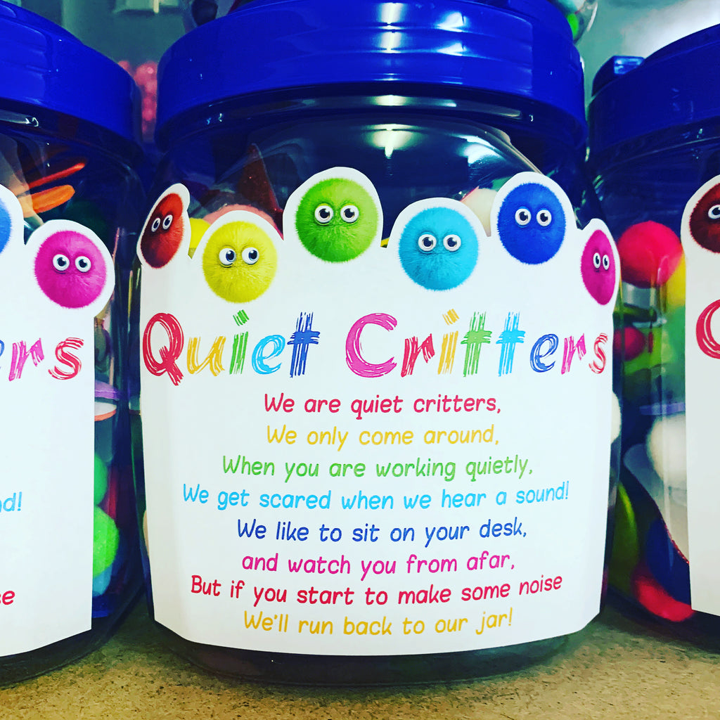 Lavender Glitter Classroom Quiet Critters - pompom creatures to use for classroom behaviour