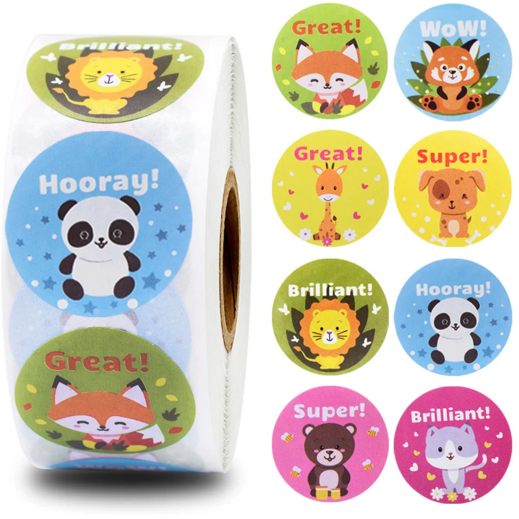 Light Gray Cute Animals 2 Stickers 500 on a roll - Colourful Teacher Merit Stickers