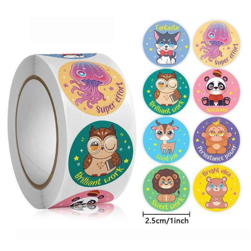 Gray Fantastic Cute Animals Award Stickers 500 on a roll - Colourful Teacher Merit Stickers