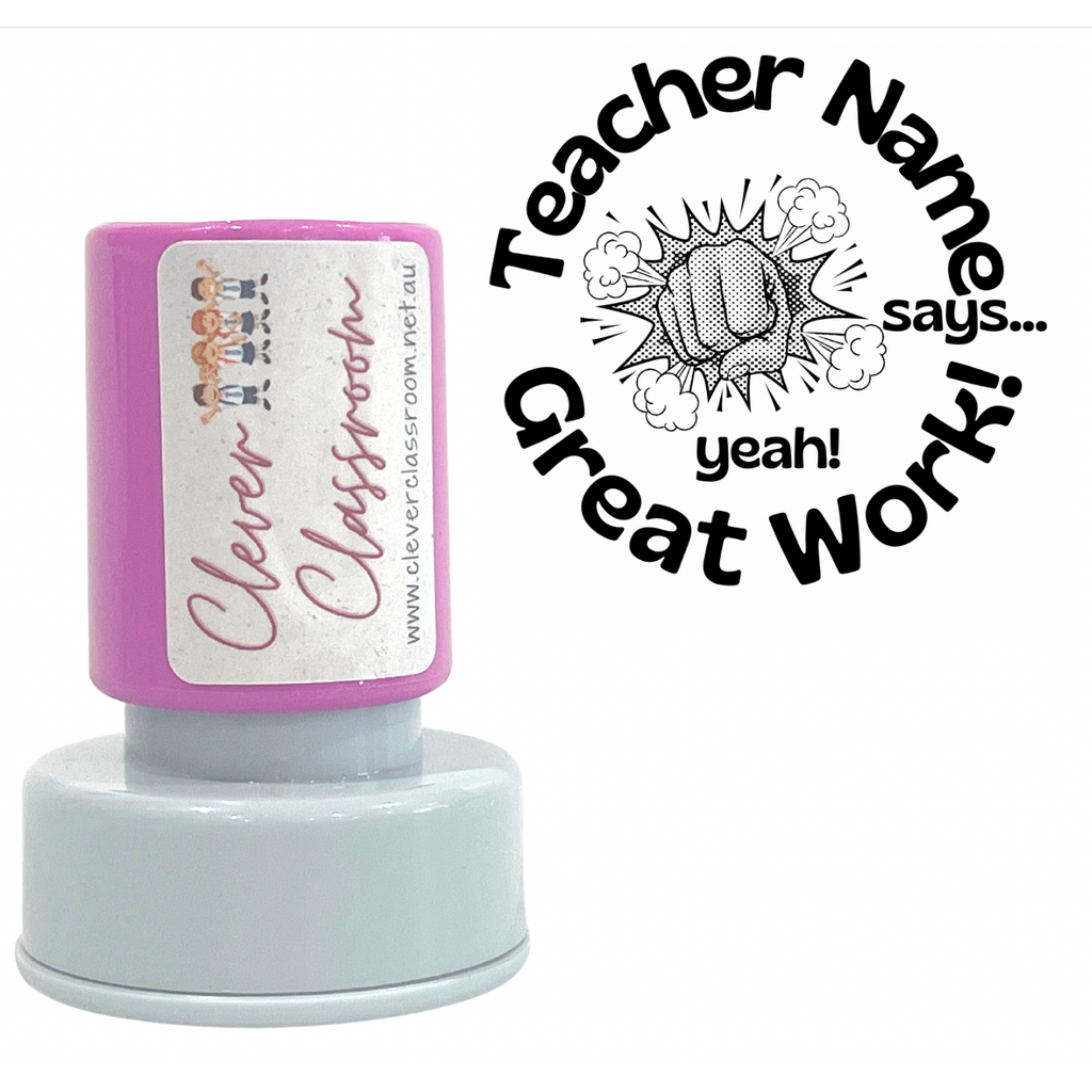 Gray Fist Bump Great Work!  Personalised Teacher Stamp Self-inking 30mm round