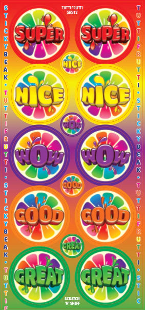 Chocolate Gummy Words Tutti Frutti Scratch n Sniff Stickers - 84 stickers per pack