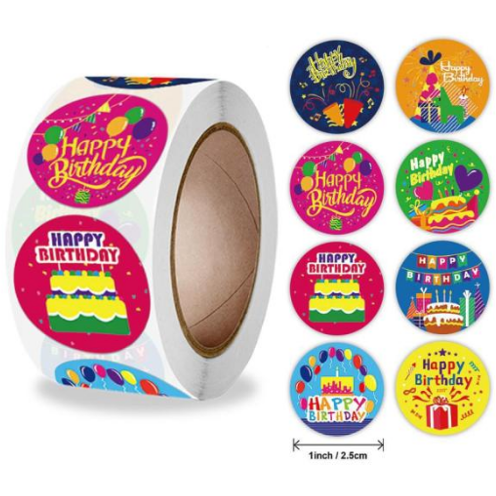Light Gray Happy Birthday 3 500 on a roll -  Colourful Teacher Merit Stickers