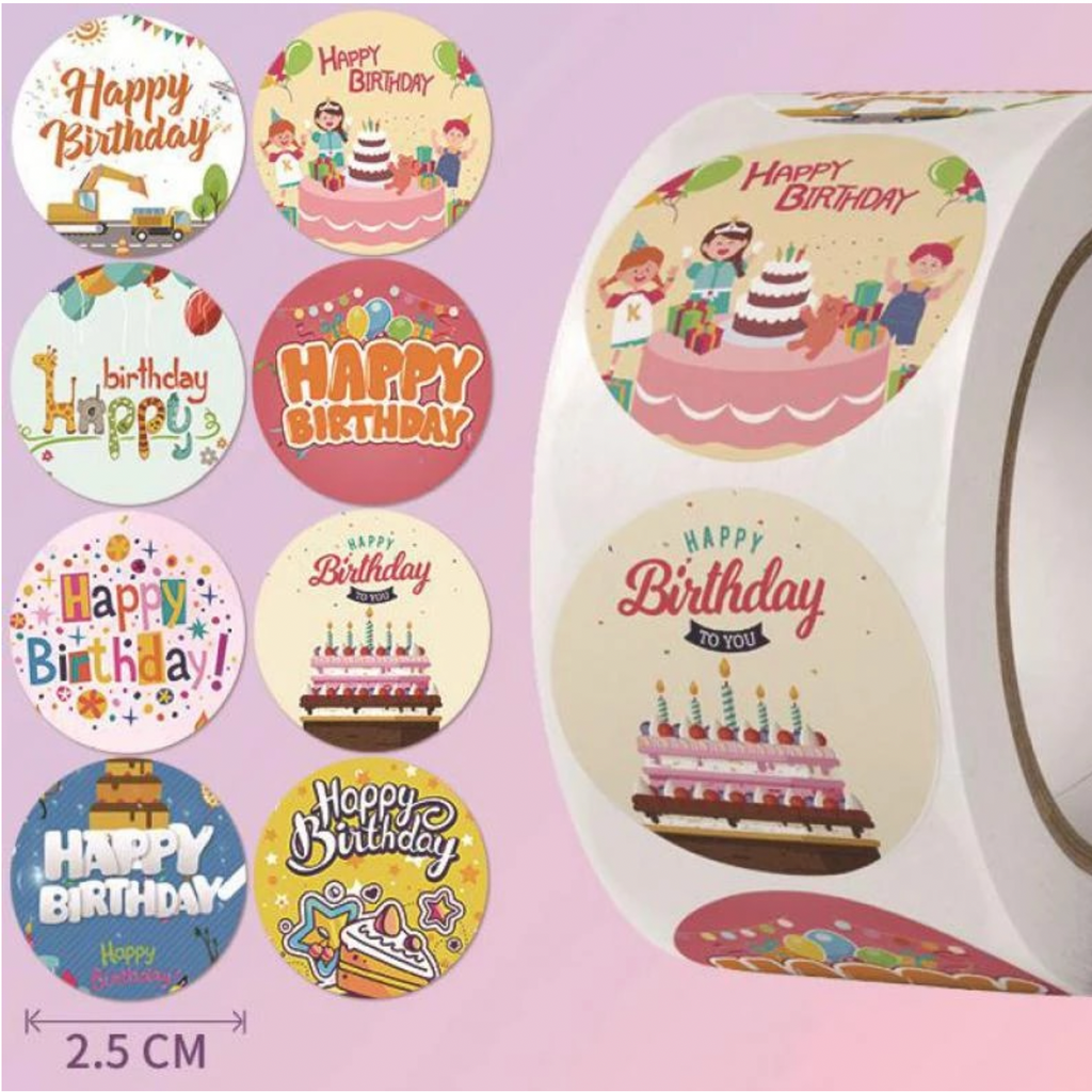 Light Gray Happy Birthday Bubble 500 on a roll -  Colourful Teacher Merit Stickers