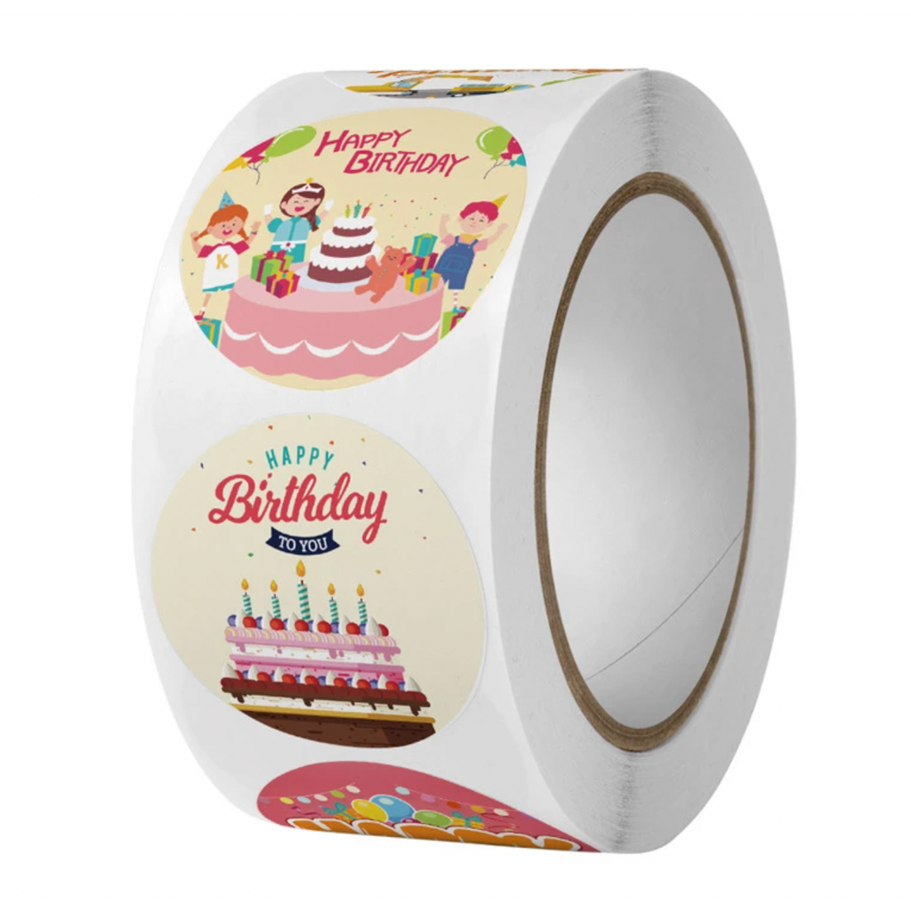 Light Gray Happy Birthday Bubble 500 on a roll -  Colourful Teacher Merit Stickers