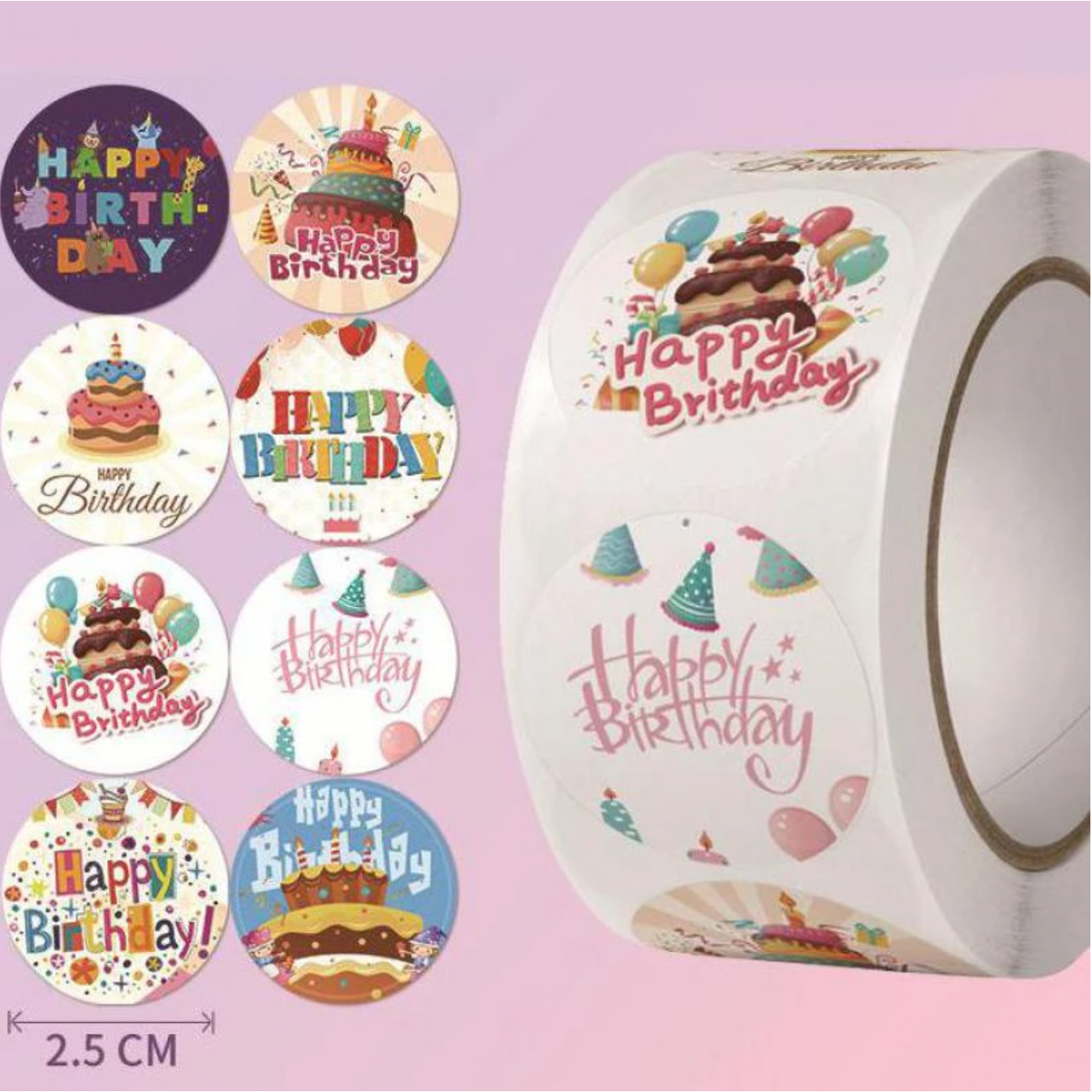 Light Gray Happy Birthday Fun 500 on a roll -  Colourful Teacher Merit Stickers