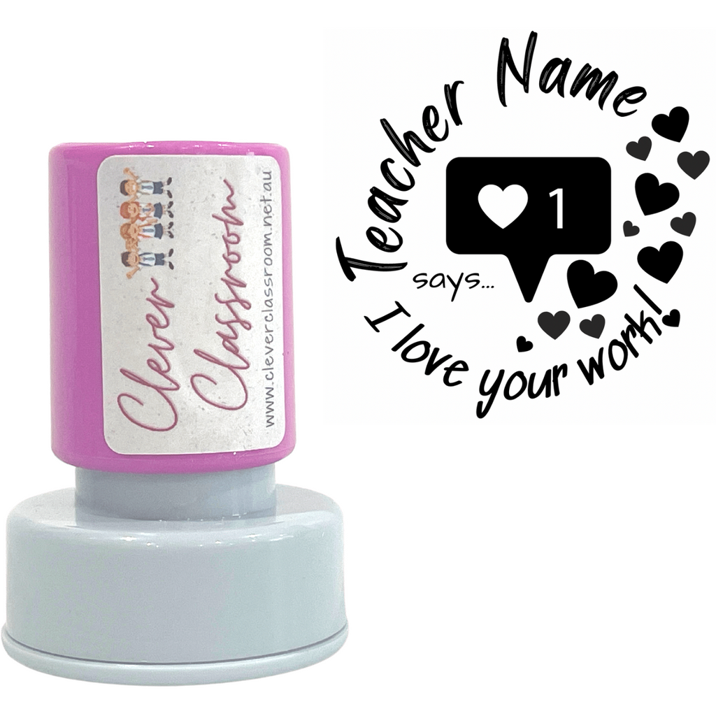Gray Insta Hearts  Personalised Teacher Stamp Self-inking 30mm round