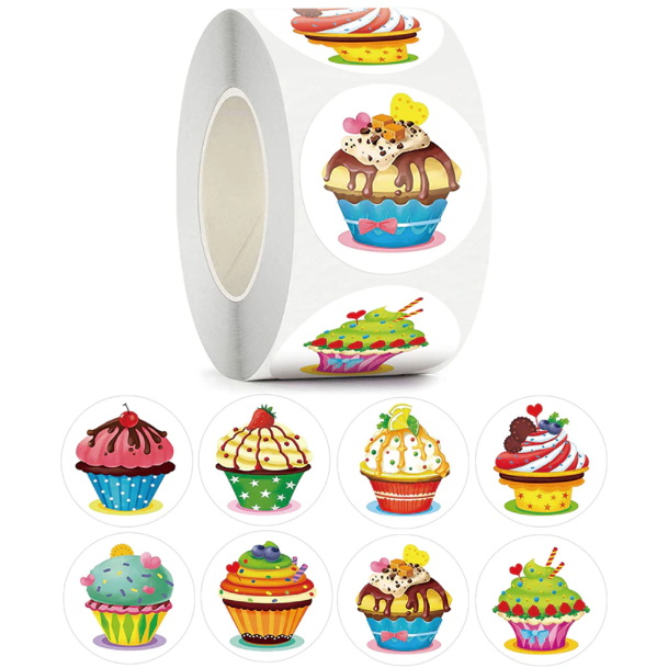 Light Gray *LARGE Cupcake Stickers  - 500 on a roll -  Colourful Teacher Merit Stickers