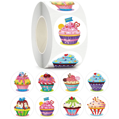 Light Gray *LARGE Cupcake Stickers  - 500 on a roll -  Colourful Teacher Merit Stickers