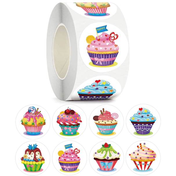 Light Gray *LARGE Cupcake Stickers  - 500 on a roll -  Colourful Teacher Merit Stickers