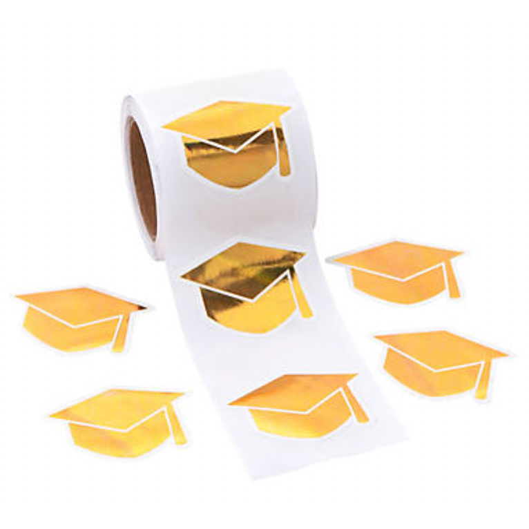 Antique White *Graduation Mortarboard Gold Stickers 100 on a roll - Colourful Teacher Merit Stickers