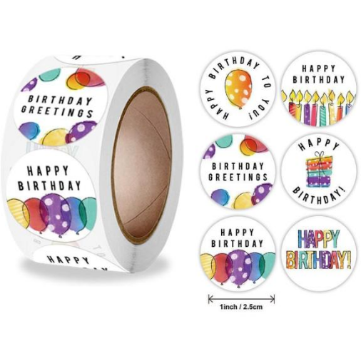 Light Gray Happy Birthday Bright Party 500 on a roll -  Colourful Teacher Merit Stickers