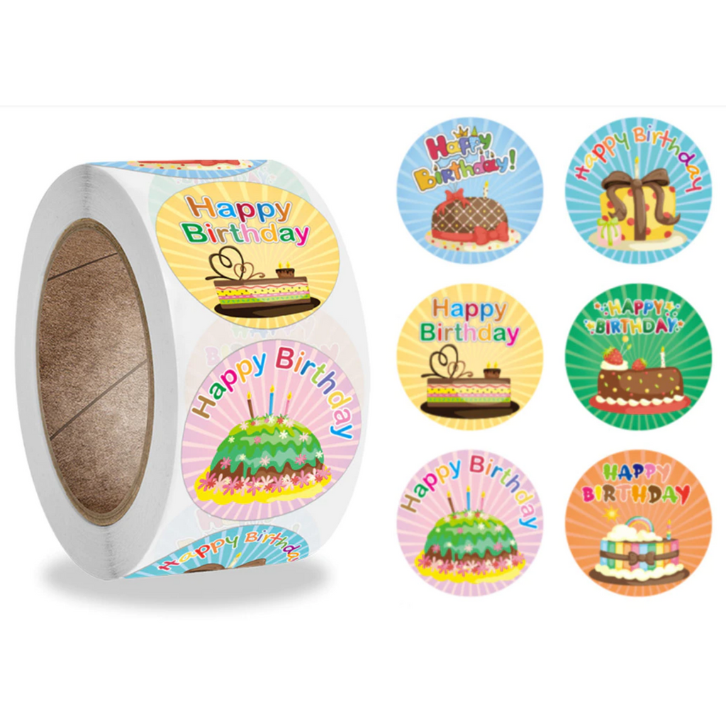 Light Gray Happy Birthday Pastel Cakes 500 on a roll -  Colourful Teacher Merit Stickers
