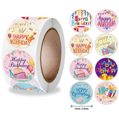 Light Gray Happy Birthday Pastel Party 500 on a roll -  Colourful Teacher Merit Stickers