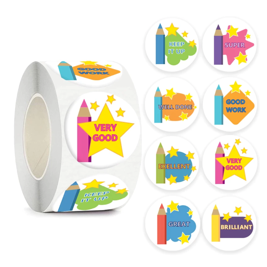 Antique White Star Pencil Award Stickers 500 on a roll -  Colourful Teacher Merit Stickers
