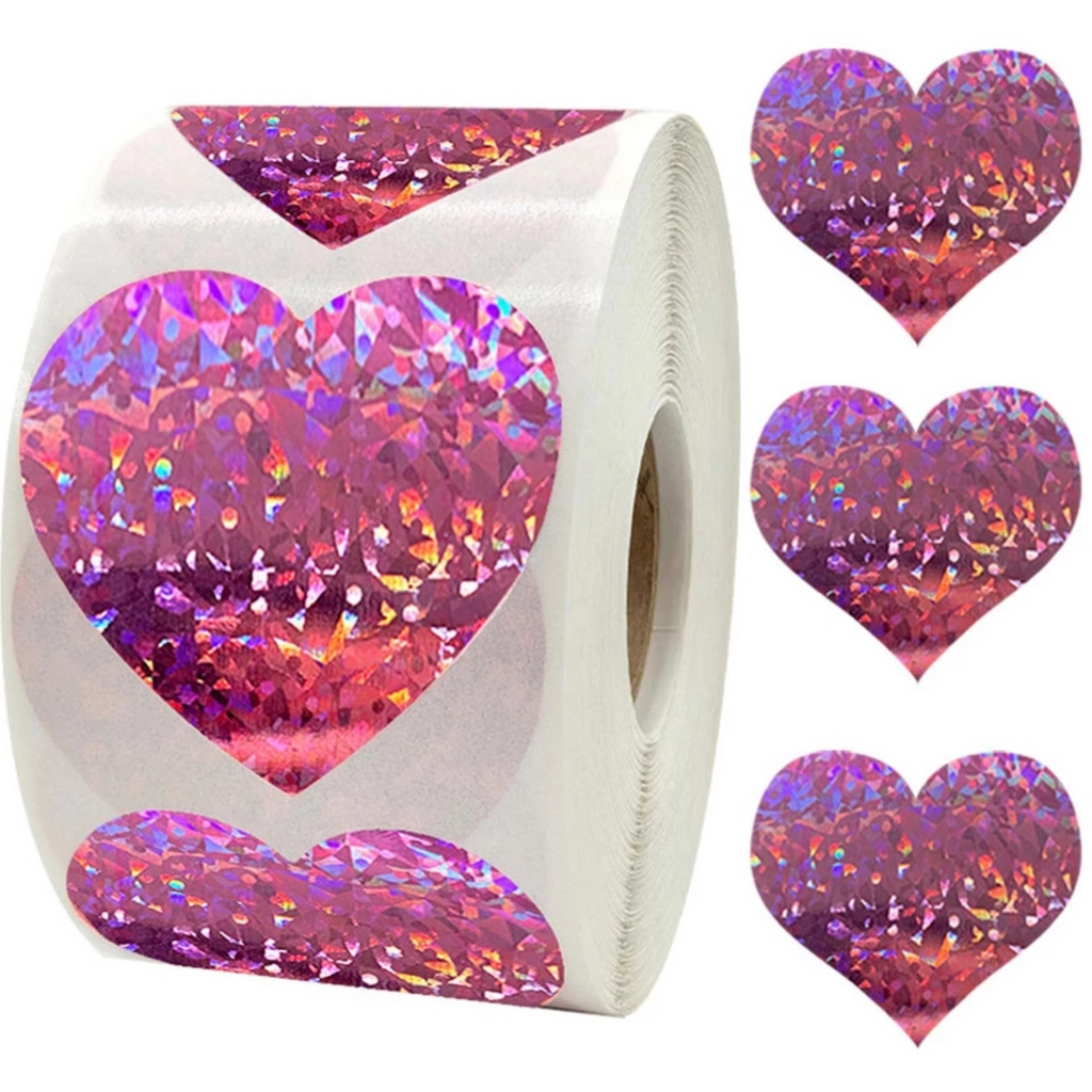 Maroon *HEARTS Pink Holographic Stickers 500 on a roll - Colourful Teacher Merit Stickers