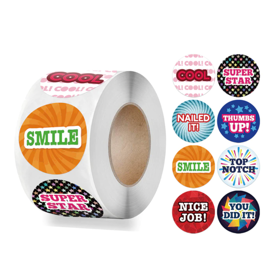 Light Gray SMILE Award Stickers 500 on a roll -  Colourful Teacher Merit Stickers