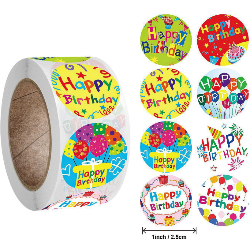 Light Gray Happy Birthday 500 on a roll -  Colourful Teacher Merit Stickers