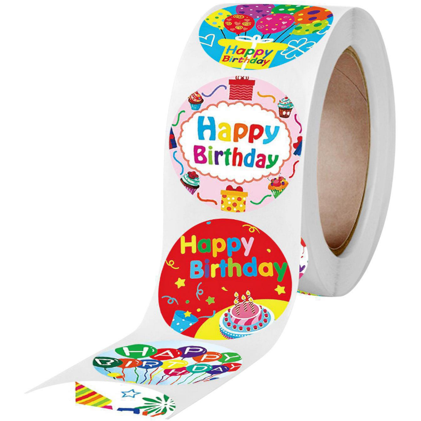 Light Gray Happy Birthday 500 on a roll -  Colourful Teacher Merit Stickers